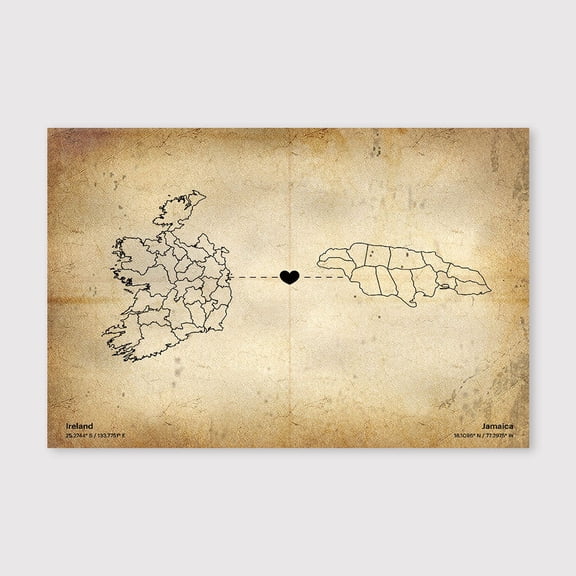 Ireland to Jamaica Map Canvas Wall Art 8x12 inch -Ireland to Jamaica Map Vintage Canvas Wall Decor for Rustic Home Interior and Bedroom
