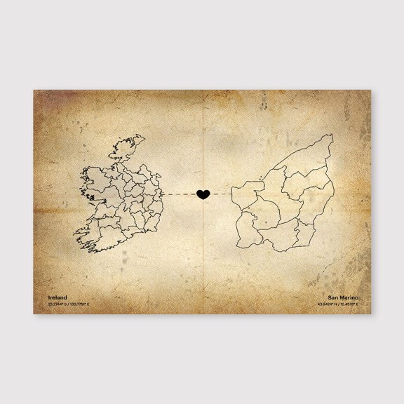 Ireland to San Marino Map Canvas Wall Art 8x12 inch -Ireland to San Marino Map Rustic Old World Canvas Artwork for Neutral Home Decoration