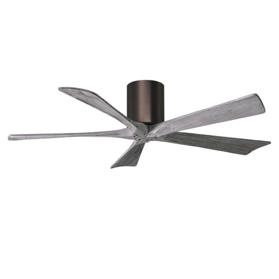 Irene-5H five-blade flush mount paddle fan in Brushed Bronze finish with 52” solid barn wood tone blades. 