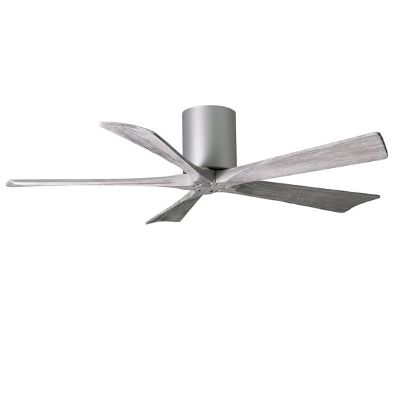 Irene-5H five-blade flush mount paddle fan in Brushed Nickel finish with 52” solid barn wood tone blades. 