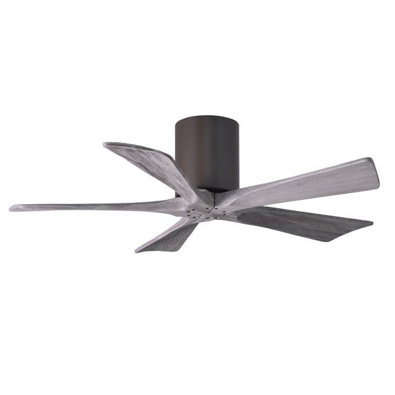 Irene-5H five-blade flush mount paddle fan in Textured Bronze finish with 42” solid barn wood tone blades. 