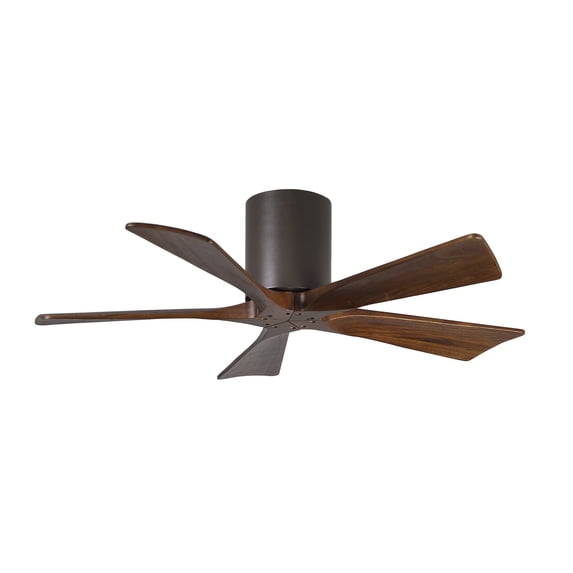 Irene-5H five-blade flush mount paddle fan in Textured Bronze finish with 42” solid walnut tone blades. 