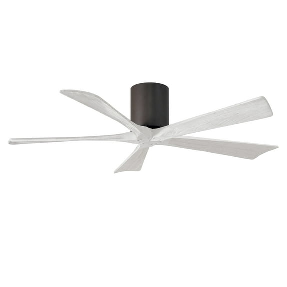 Irene-5H five-blade flush mount paddle fan in Textured Bronze finish with 52” solid matte white wood blades. 