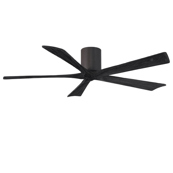Irene-5H five-blade flush mount paddle fan in Textured Bronze finish with 60” solid matte black wood blades. 