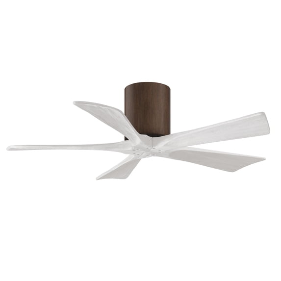 Irene-5H five-blade flush mount paddle fan in Walnut finish with 42” solid matte white wood blades. 
