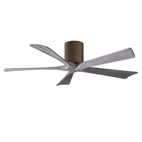 Irene-5H five-blade flush mount paddle fan in Walnut finish with 52” solid barn wood tone blades. 