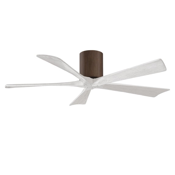 Irene-5H five-blade flush mount paddle fan in Walnut finish with 52” solid matte white wood blades. 