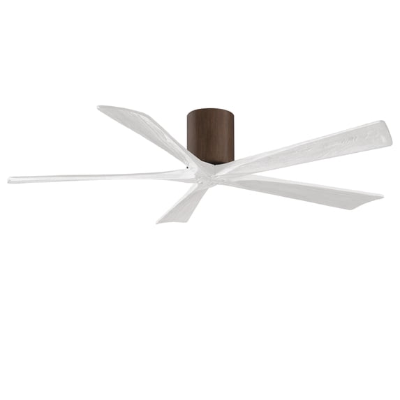 Irene-5H five-blade flush mount paddle fan in Walnut finish with 60” solid matte white wood blades. 