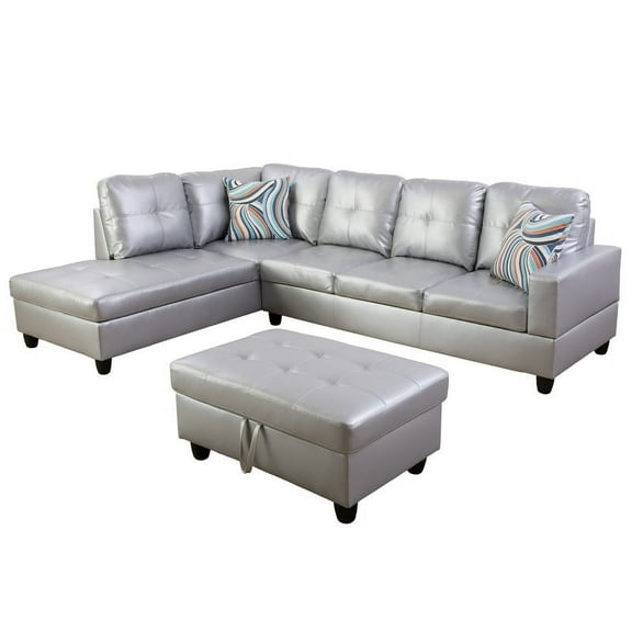 Irene Inevent 3-Piece Leather Sofa Set, Semi PU Synthetic Leather Couch Living Room Sofa Set for Bedroom, Apartment, Office, Silver White
