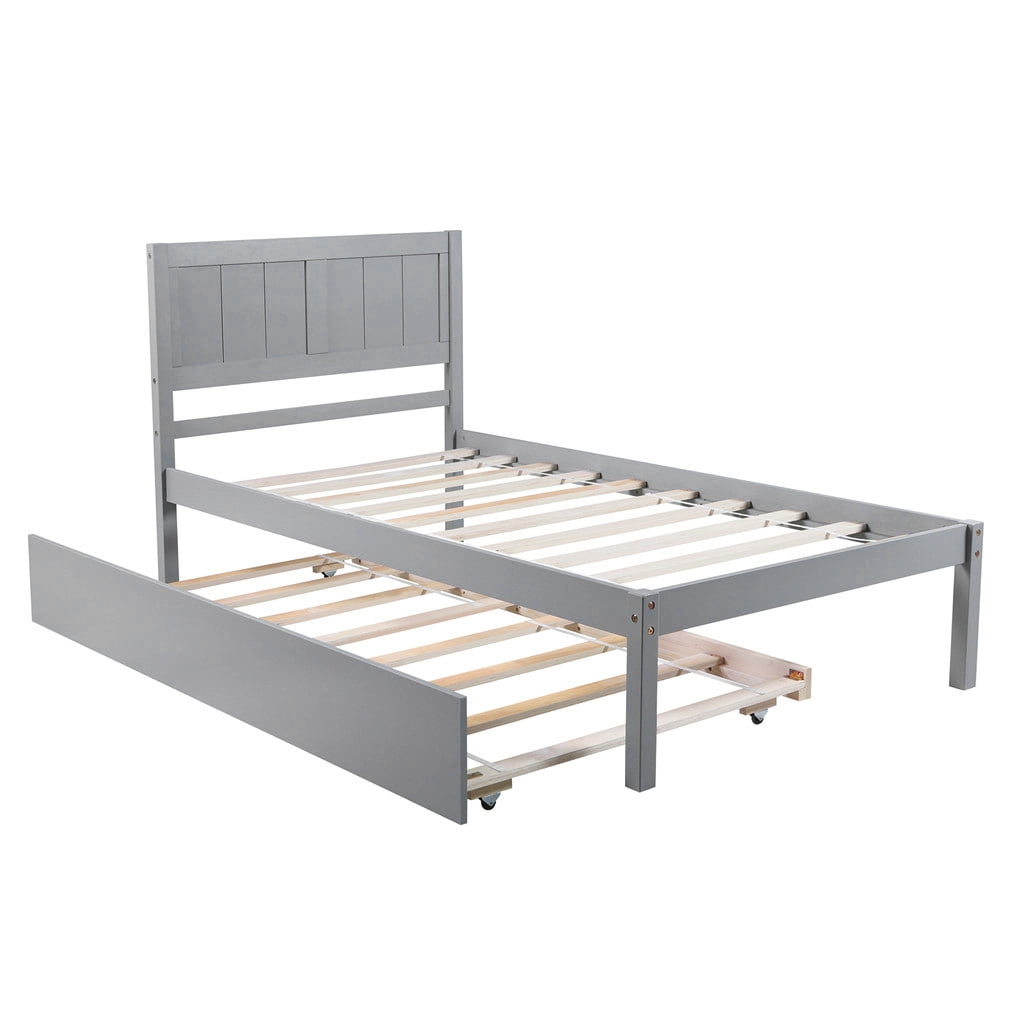 Irene Inevent Bed Frame Wooden Slatted Mattress Support Platform Bed Twin Size Trundle Bedstead with Headboard