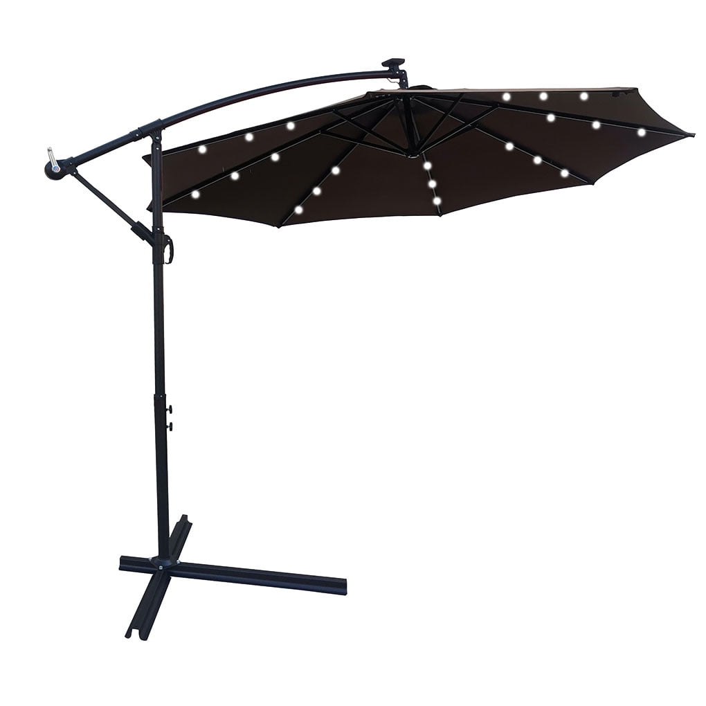 Irene Inevent LED Lighted Umbrella Garden Backyard Hanging Parasol Crank Handle Steel Pole