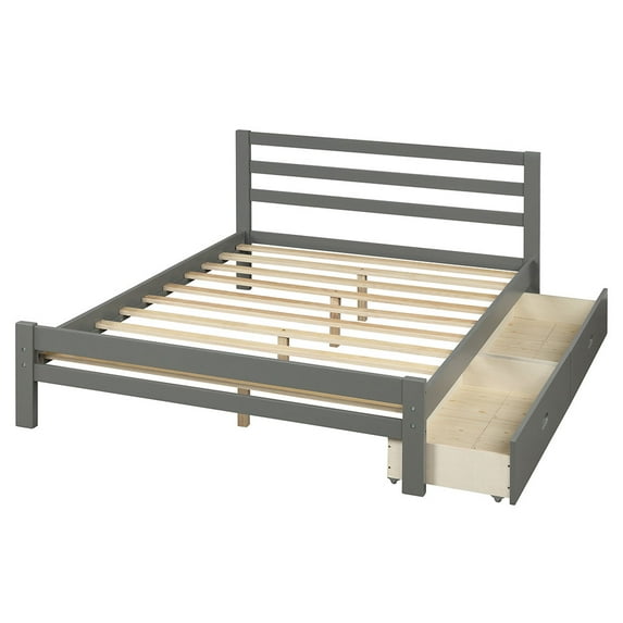 Irene Inevent Platform Bed Wooden Bedstead with 2 Drawers Full Size Bed Frame Mattress Foundation for Bedroom, Gray