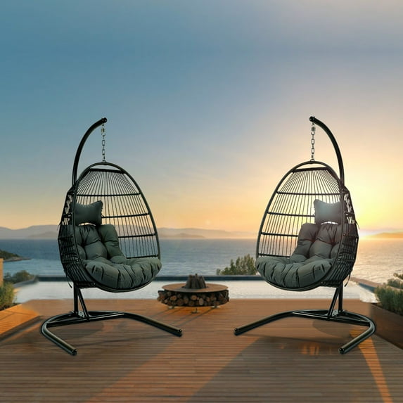 Irene Inevent Wicker/Rattan Hanging Egg Chair with Cushion and Stand - Black