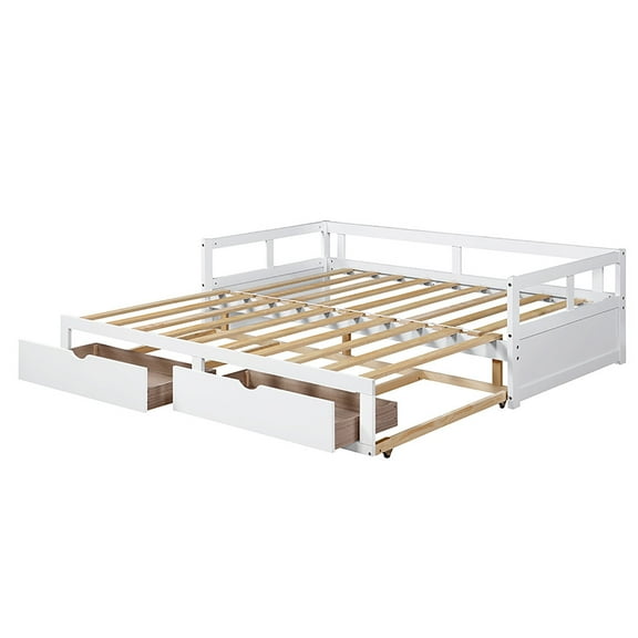 Irene Inevent Wooden Daybed with Trundle Bed and 2 Storage Drawers Extendable Sofa Support Platform for Bedroom Living Room