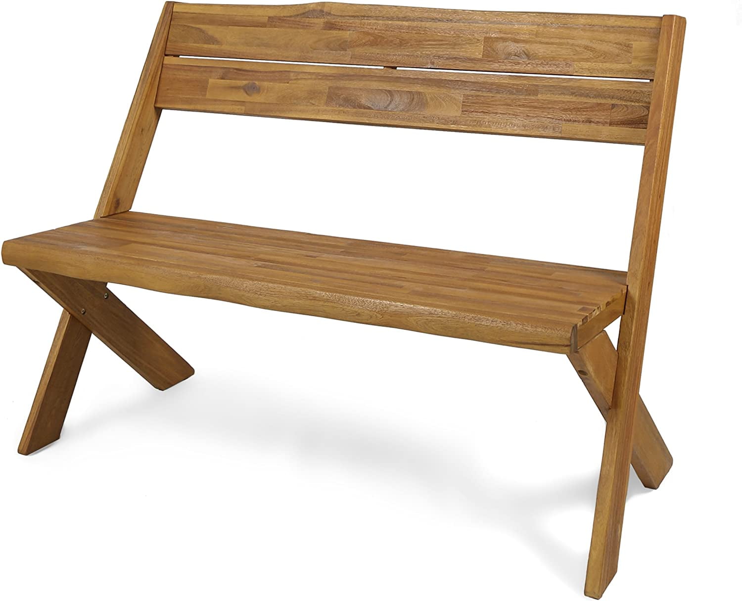 Estelle Teak Acacia Wood Farmhouse Bench with Cross Base