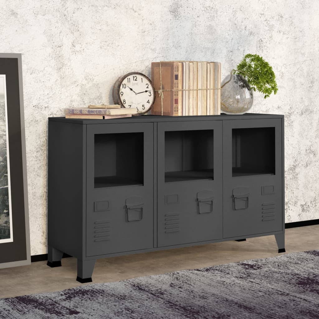 Anthracite Industrial Metal and Glass Sideboard with Air Vents