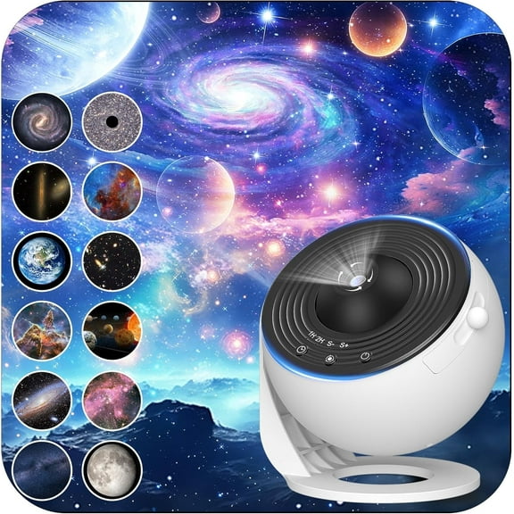 Galaxy Projector for Bedroom, HD Image Star Projector Galaxy Light Adjustable Knob, 12 Film Discs Planetarium Projector for Kids, 360° Rotating 1/2h Timer Simple 3-Button Control