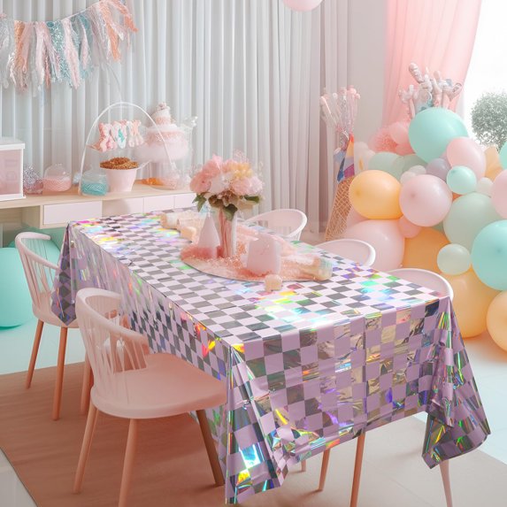Iridescence Plastic Tablecloth, Shiny Disposable Rectangle Table Cover Holographic Foil Tablecloth Iridescent Party Decoration Birthday Bridal Wedding Christmas, 54" x 108"