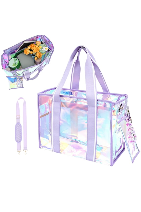 Iridescent Beach Tote Bag for Women Large Zipper Beach Pool Swim Bag with Phone Pouch Waterproof Adjustable Strap Packable Foldable Vacation Essential Present for Women