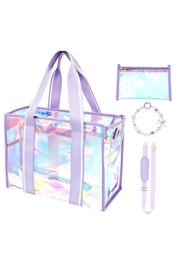 Iridescent Beach Tote Bag for Women Large Zipper Beach Pool Swim Bag with Phone Pouch Beach Tote Bag Adjustable Strap Packable Foldable
