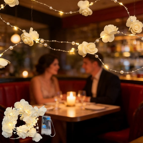 Iridescent Bead String with Fairy Lights Battery Operated,118.11in LED String Lights,V-alentine's Day & Easter White Flower String Lights Festive Mood Lights
