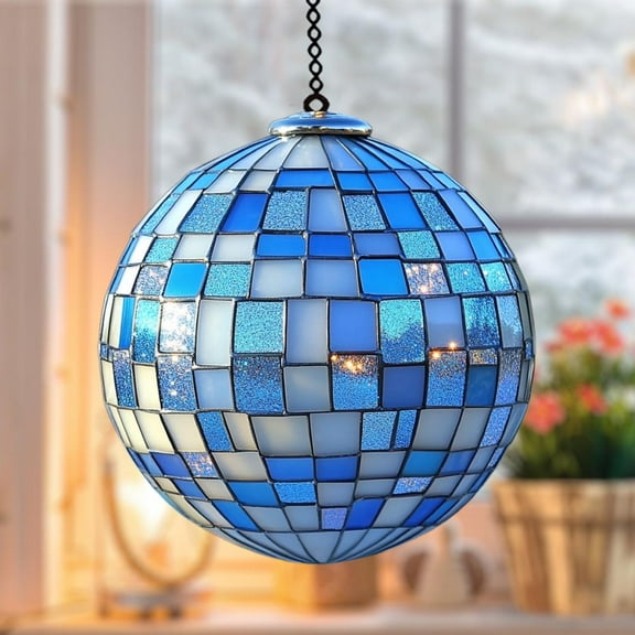 Iridescent Blue Mosaic Disco Ball Faux Stained Glass Suncatcher 2D Ornament, Acrylic Hanging Glass Globe Holiday Gift For Window Or Garden