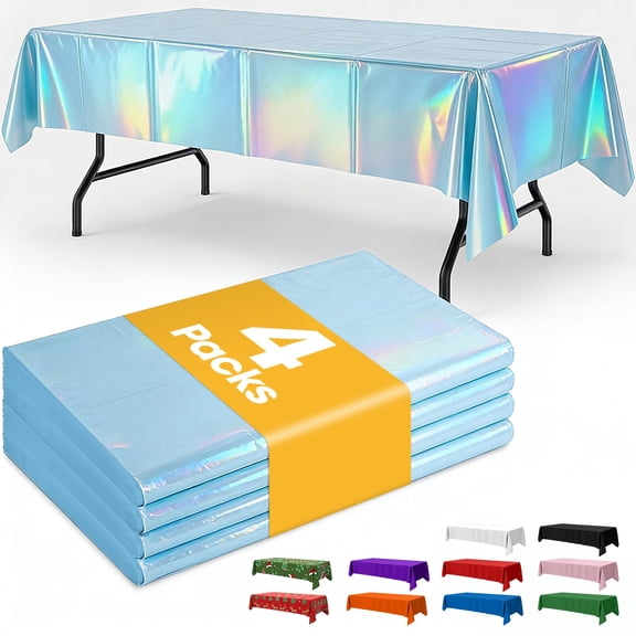 Iridescent Blue Plastic Table Cloth - 4 Pack 54" × 108" Rectangle Disposable Tablecloths for 6FT Tables, Table Cover for Party, Holiday & Gathering Use