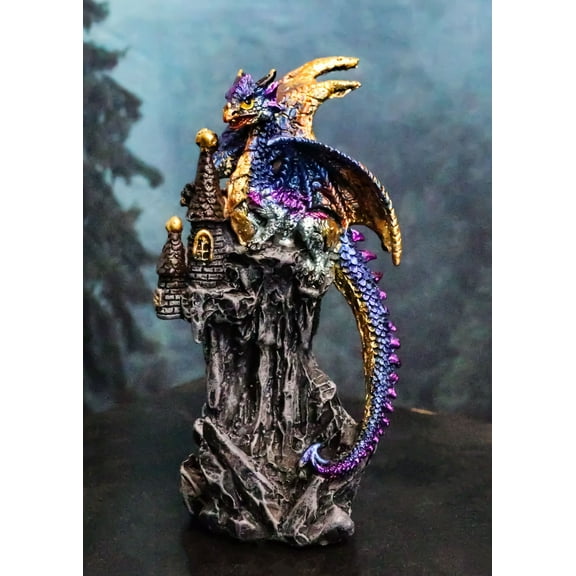 Iridescent Blue Wyrmling Dragon On Rocky Mountain Treasure Castle Top Figurine