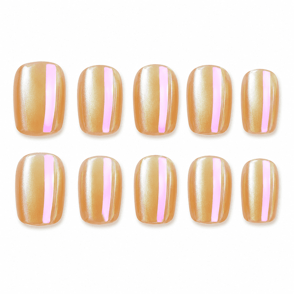 Iridescent Cat Eye Press on Nails, Short Squoval Glossy Chrome False Nails, 30 Count