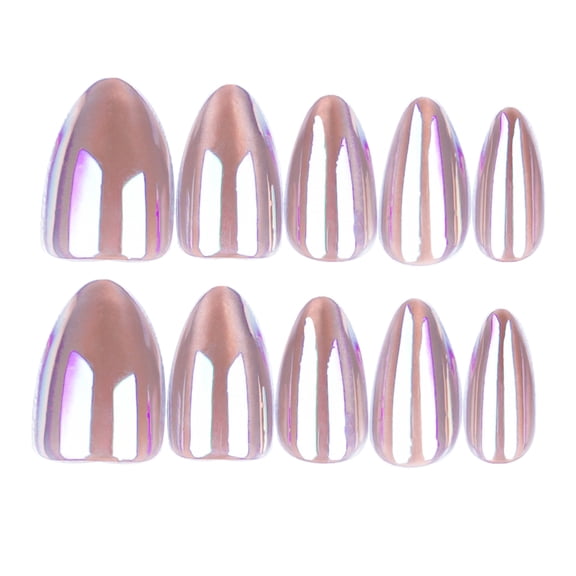 Iridescent Champagne Color Shifting Press on Nails, Medium Almond Glossy Iridescent Finish Artificial Nails, 10 Count