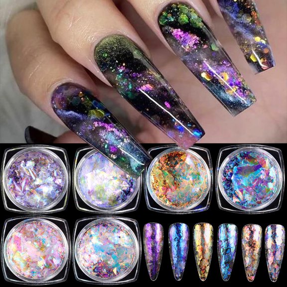 Iridescent Chrome Nail Powder, 6 Boxes Crystal Fire Flakes for Nail Art, Holographic Chunky Glitter Mermaid Sequins, Chameleon Flakes Set, Ice Aurora Glass Paper Manicure Paillettes Decoration ALT2