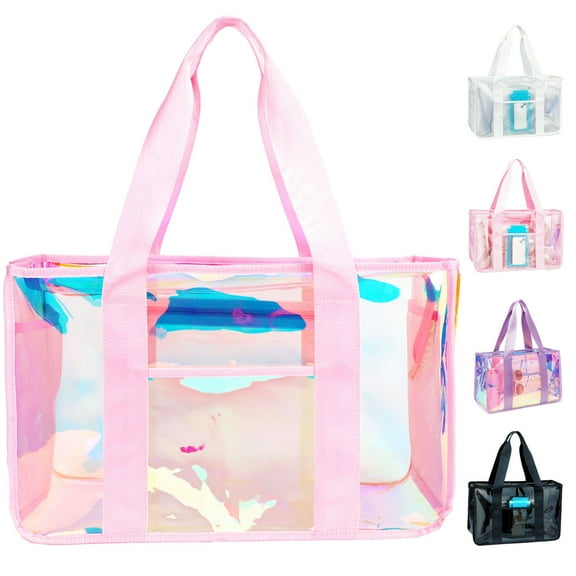 Fammart Iridescent Clear Beach Bag for Women, Large Pool Tote Cruise Vacation Essentials,Pink