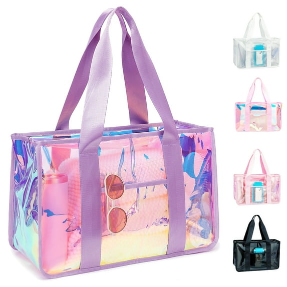 Fammart Iridescent Clear Beach Bag for Women, Large Pool Tote Cruise Vacation Essentials,Purple