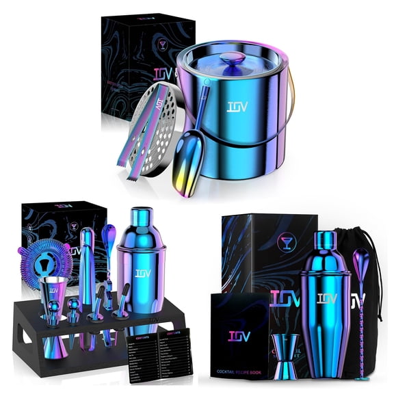 Iridescent Cocktail Shaker Set With Ice Bucket, Scoop, Tongs, Strainer &
