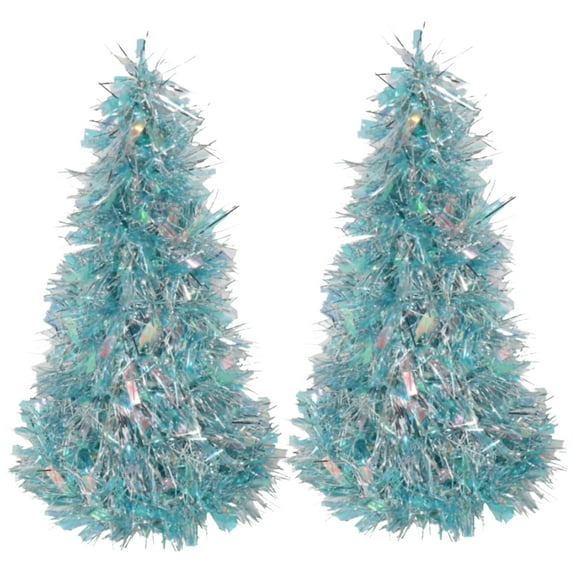 Iridescent Cone Shaped Blue Tinsel Trees 10 in for Office Desk Home Table Top Ornaments Party Favor Christmas Holiday New Year Decoration Seasonal Craft Material Gift Decorative Supplies - Pack of 2