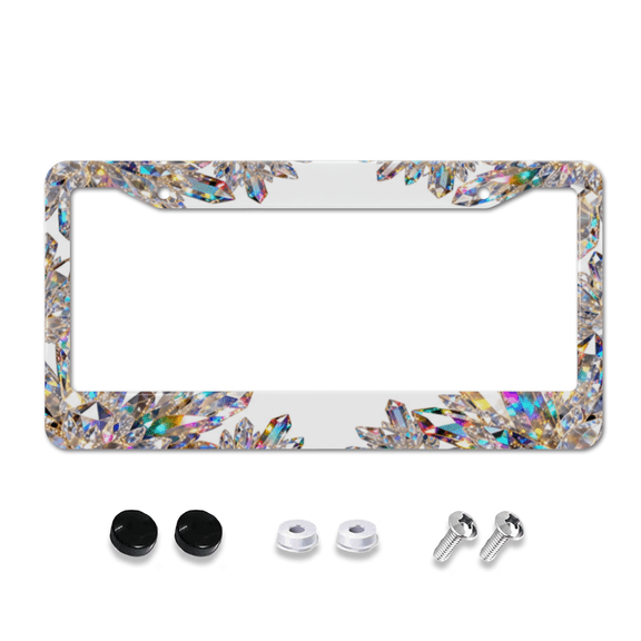 Iridescent Crystal Cluster Round Hole License Plate Frame with Mounting Hardware