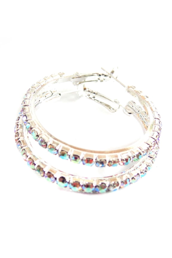 Iridescent Crystal Earrings ABS 1 inch Hoop Earrings Rhodium Silver Tone