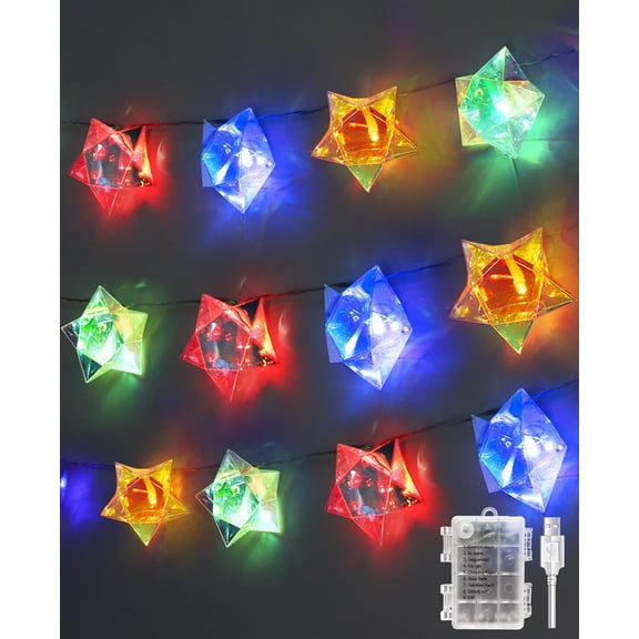 Iridescent Decor 10Ft Star String Lights 20 LED USB/Battery Operated String Lights Indoor/Outdoor, Holographic Decor for Christmas Birthday Party Tent Outer Space
