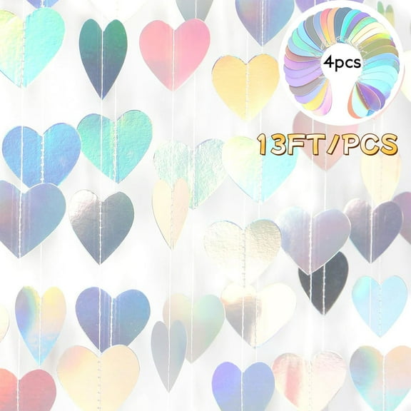 Iridescent Disco Heart Garland Holographic Party Decorations 4 Pcs 13FT - Weddings, Birthdays, Bachelorette, and Valentine's Day