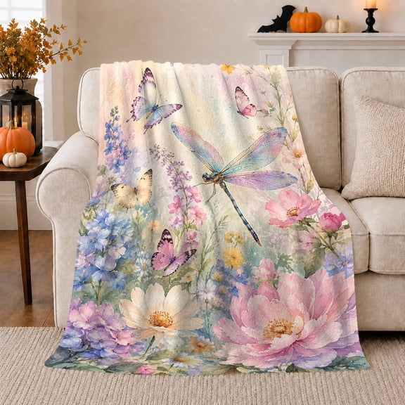 Iridescent Dragonfly And Butterflies Above Pastel Flowers, Soft Flannel Blanket with Pastel Watercolor Botanical Print, Housewarming Gift and Home Decor for Bedroom and Living Room