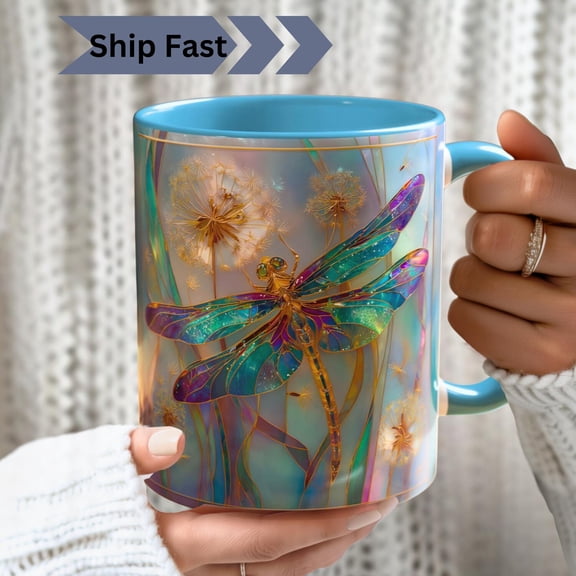 Iridescent Dragonfly Coffee Mug, Stained Glass Style Dandelion Nature Cup