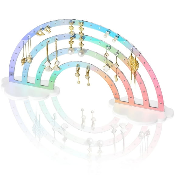 Iridescent Earrings Holder 74 Holes Display Rainbow Iridescent Ear Studs Jewelry Show Rack Stand Organizer Holder Plastic Clear Acrylic Earring Rack Holder Organizer for Girl Women