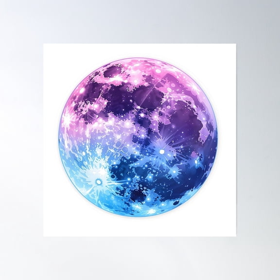 Iridescent Full Moon With Purple And Blue Hues, Glowing In The Night Sky Poster Wall Art, Modern Wall Decor, 30x30 UNFRAMED