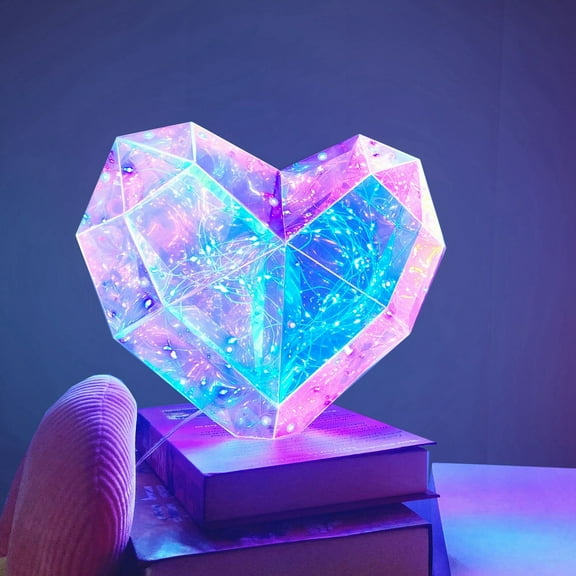 Iridescent Geometric Heart Lamp 10.6" - Holographic LED Night Light USB Powered, Room Decor for Teen Girls Bedroom, Viral TikTok Christmas Valentine's Day Gift for Her