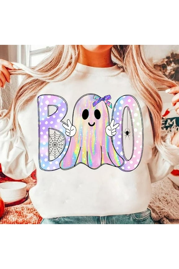 Iridescent Ghost Boo Pumpkin Sweatshirt, Coquette Halloween Shirt, Girly Spooky Season SWEAT Sweatshirt, Cute Pastel Ghost and Pumpkin Fall Top