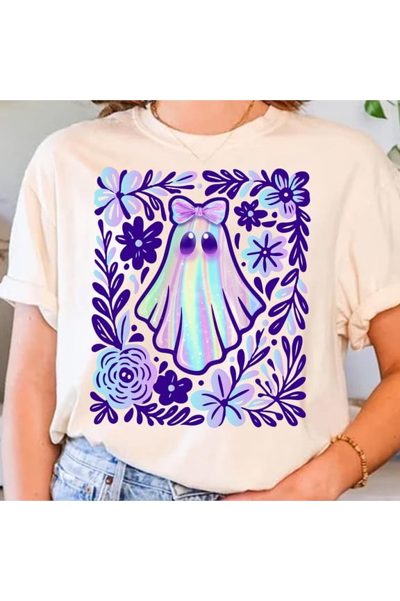 Iridescent Ghost Halloween T-Shirt for Women, Floral Spooky Season Graphic Tee, Cute Pumpkin and Ghost Design Sublimation Shirt