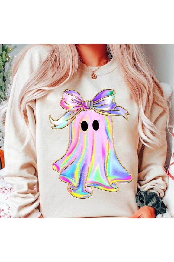Iridescent Ghost Pumpkin Shirt, Coquette Halloween Sweatshirt, Cute Girly Ghost T-Shirt, Trendy Pastel Spooky Season Graphic for Women