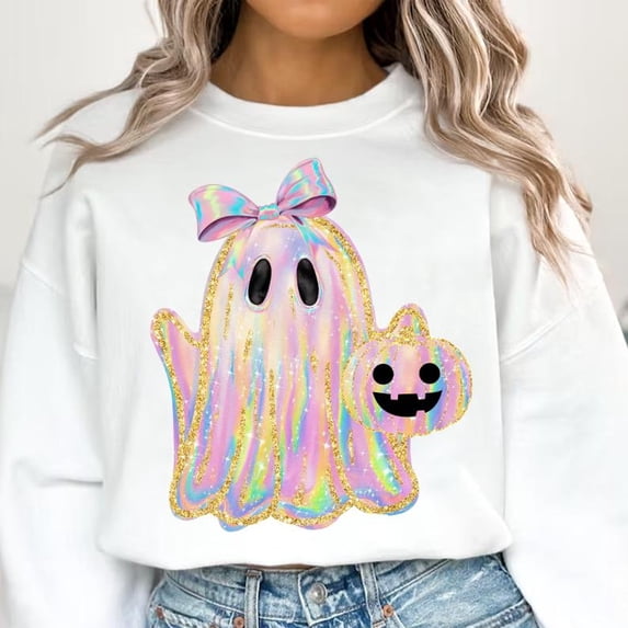 Iridescent Ghost Pumpkin Sweatshirt, Coquette Halloween Pullover, Girly Cute Ghost Halloween Shirt