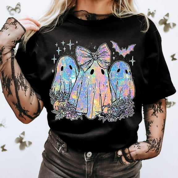 Iridescent Ghost Pumpkin T-Shirt, Coquette Halloween Shirt, Girly Halloween Tee, Cute Ghost Pumpkin Graphic Tee, Halloween Iridescent Shirt