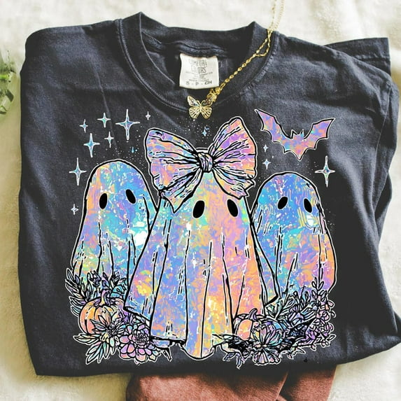 Iridescent Ghost Pumpkin T-shirt, Coquette Halloween T-shirt, Iridescent Ghost Pumpkin T-shirt, Halloween Shirt, Girly Halloween TH040637